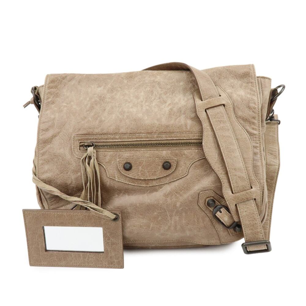 Balenciaga The Folk Lambskin Leather Messenger Bag Beige